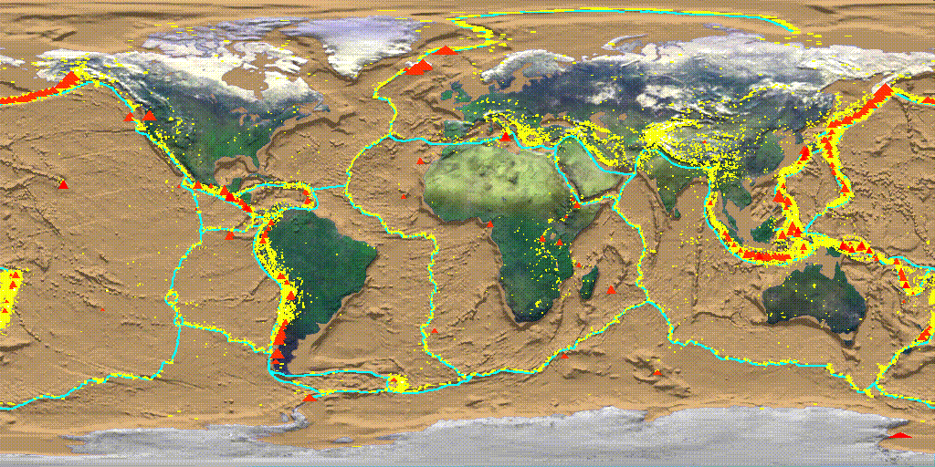 Mapa mostrando a distribuição dos continentes, das placas tectônicas (limites em azul), vulcões (triângulos vermelhos) e terremotos (pontos amarelos): Fonte NASA
